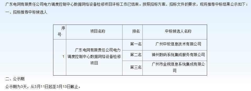 廣州電網(wǎng)電力調(diào)度控制中心數(shù)據(jù)網(wǎng)絡(luò)設(shè)備檢修項目中標候選人公示
