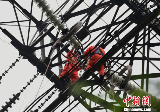 圖為電力工人在70多米高空作業(yè)，為特高壓復(fù)奉線重慶段進(jìn)行八年來(lái)首次大修?！≈芤?攝